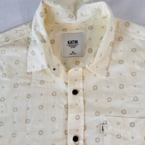 Katin Mens Short Sleeve Button Down Shirt Cream Geometric Print Medallion MD